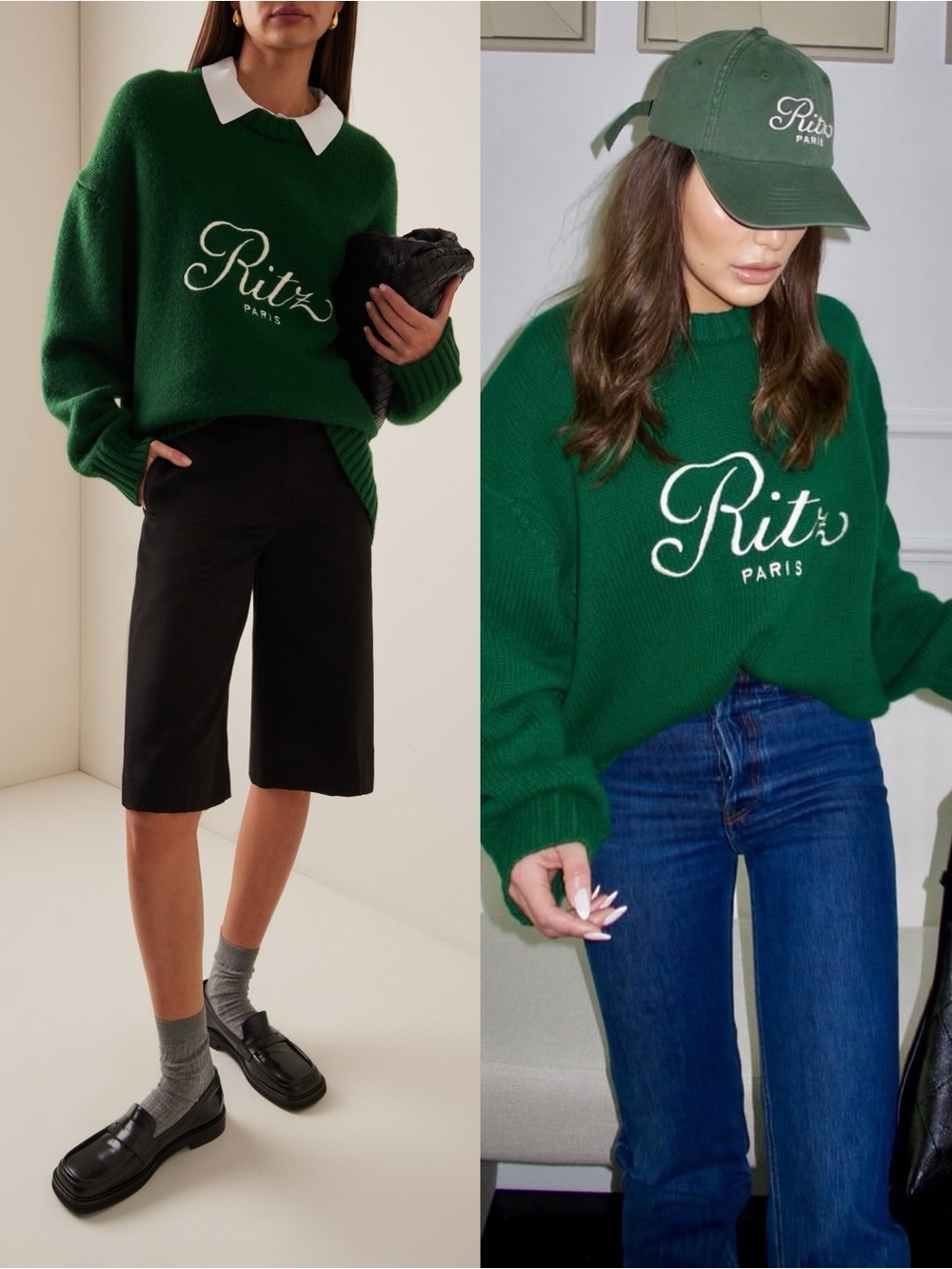 FRAME x Ritz Paris Cashmere Embroidered Crewneck Sweater Green NEW with tag